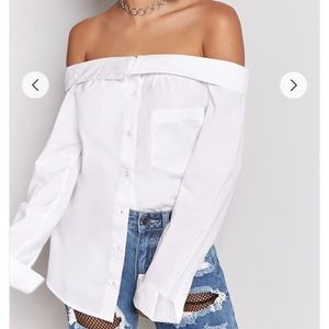 Off shoulder white button down shirt